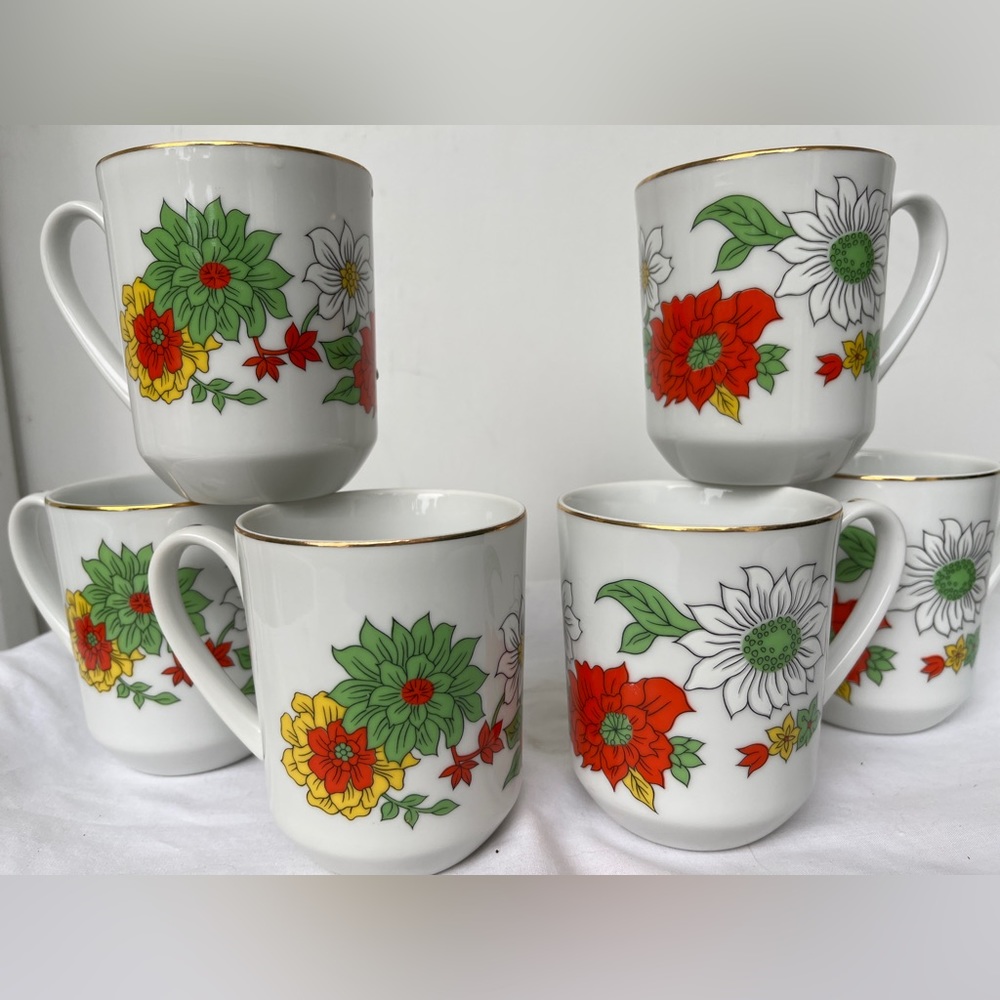 Vintage 1970s Flower Power Orange Green White Ceramic Mugs by Creative